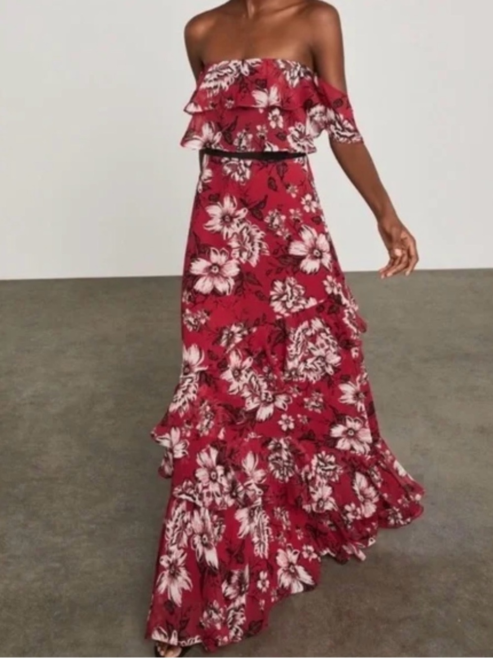 BCBGMaxAzria Red Floral Strapless Dress 4 Flowy Ruffle OfftheShoulder Maxi Gown